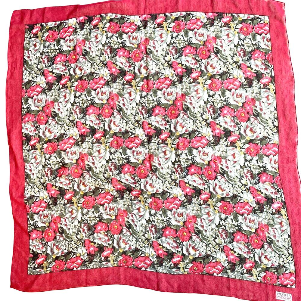 Alcott & Andrews sheer silky crepe scarf red & green floral square cottagecore